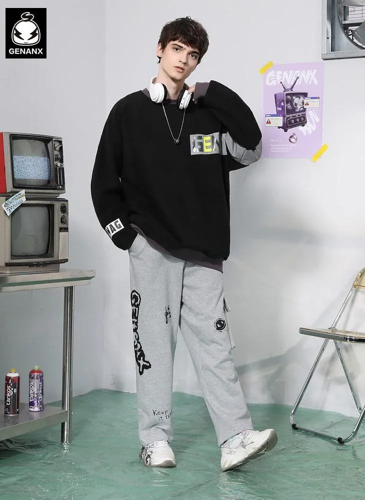 Adjustable Waist Graffiti Print Pants With 3D Pocket