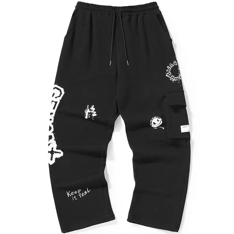 Adjustable Waist Graffiti Print Pants With 3D Pocket
