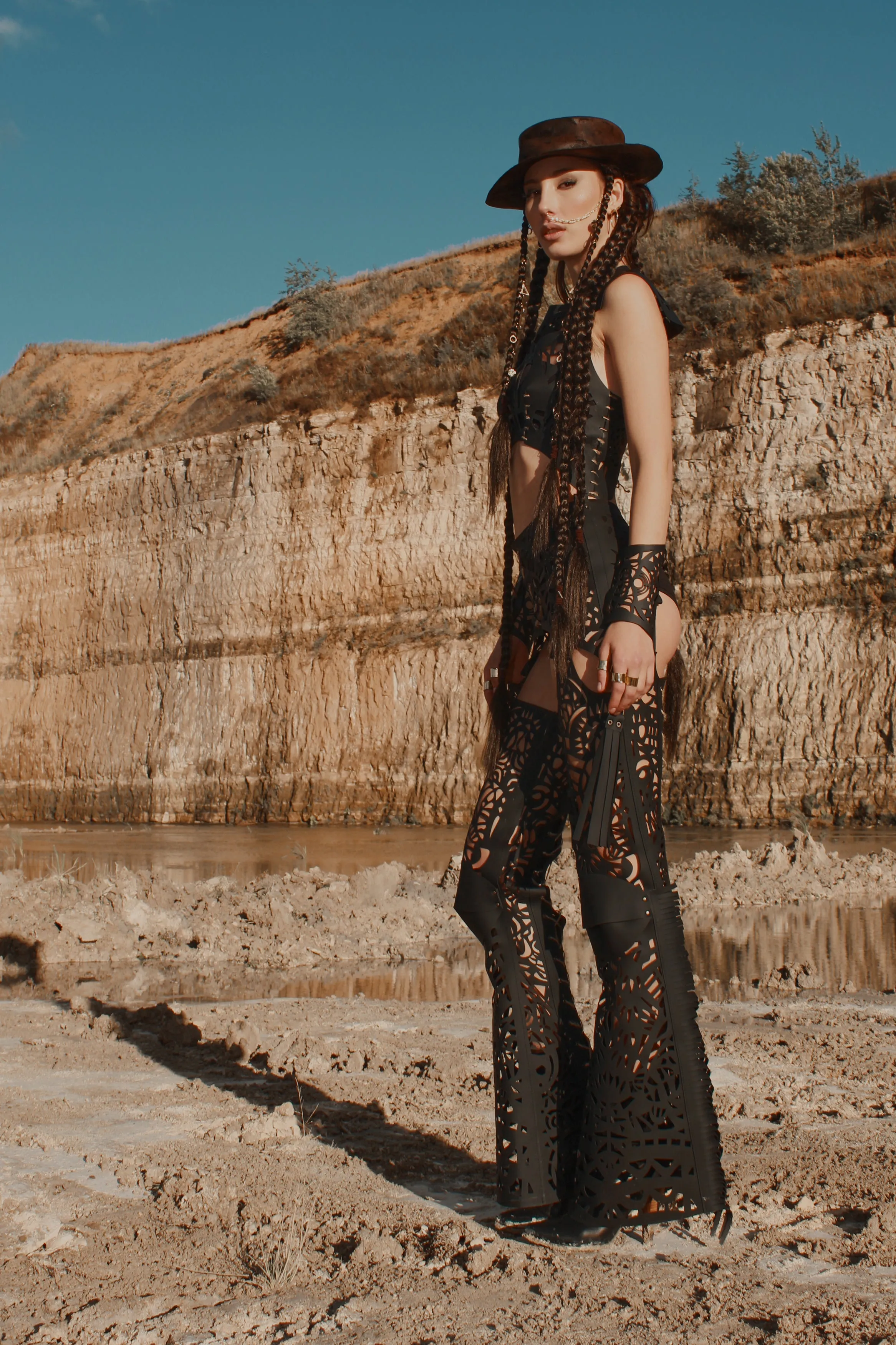 Flared leather trousers